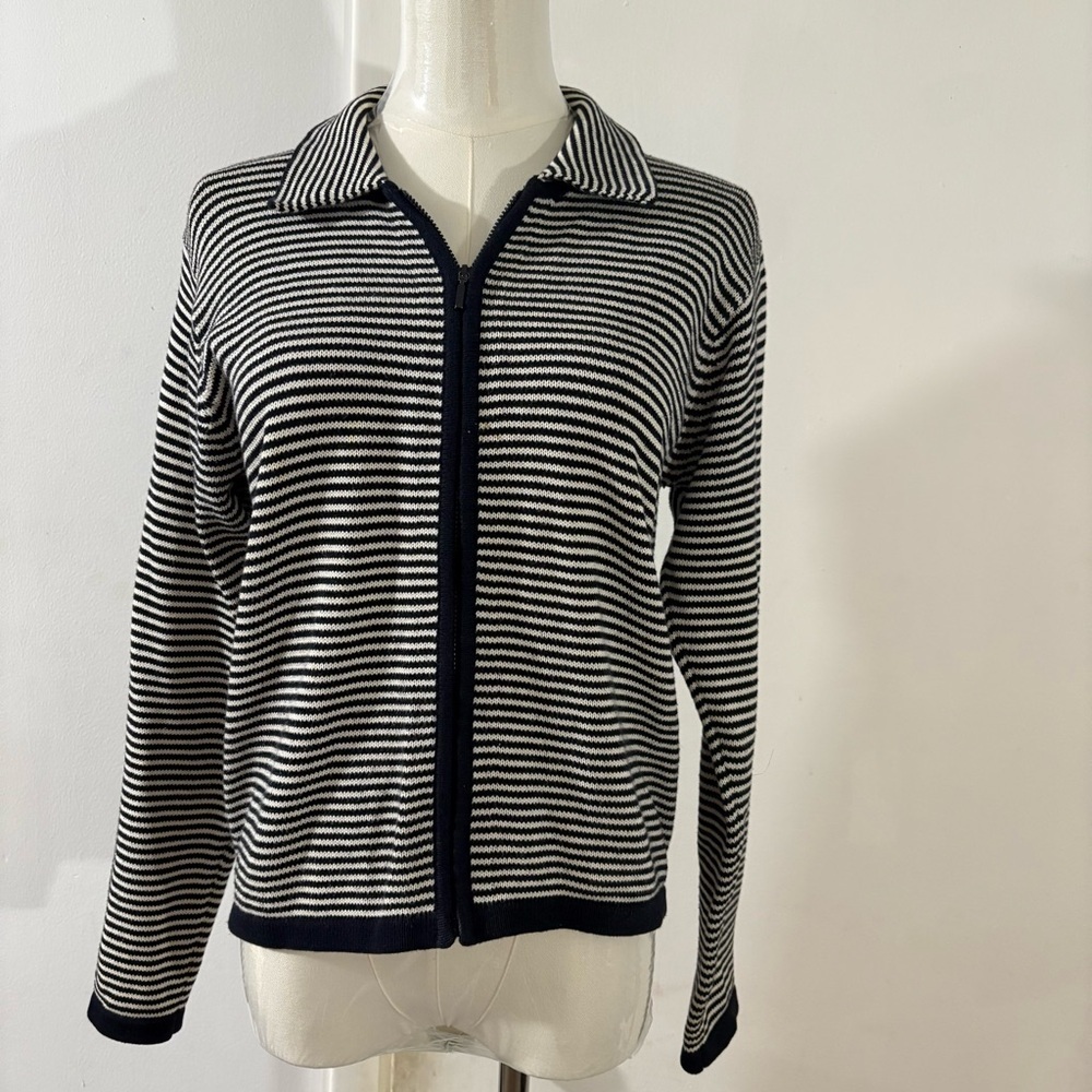 L.L. Bean Womens XS Full Zip Striped Cardigan Sweater Blue White Nautical Cotton